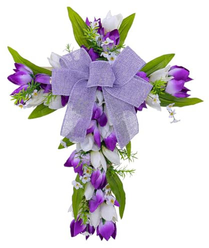 Ostern Osterdeko Osterkranz Haustür Kranz mit Leinen Schleife Jesus Christus Kreuz Lily Deko Türkranz Ganzjährig Türkranz Frühling Tür Deko Ostern Deko Frühlingskranz Tischdeko Valentins-Kranz