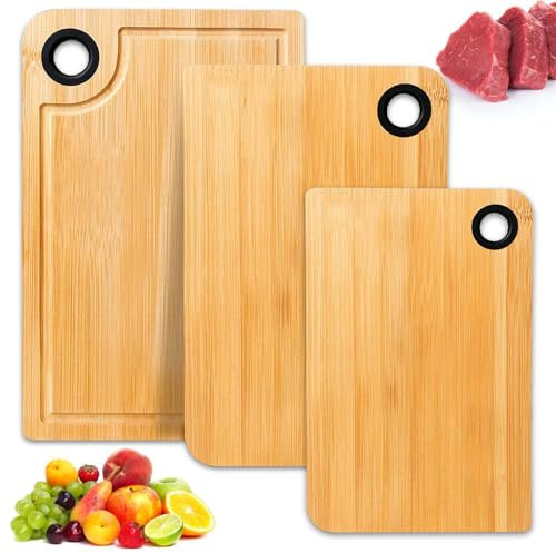 3er Set Schneidebrett Bambus, Küchenbrett aus Bambus Bio mit Saftrille und Aufhängelöcher, Schneidebrett-Set, Holzschneidebretter Beidseitig Verwendbar BPA-Free für Obst Fleisch Gemüse Käse