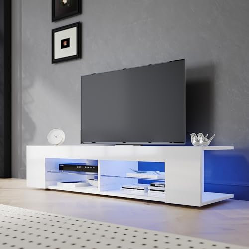 SIRHONA Meuble TV Blanc, Meuble Tele avec LED, Éclairage LED RGB avec Couleur réglable, avec Étagères Ouvertes en Verre, 135x39x30cm, Convient pour Salon ou Chambre