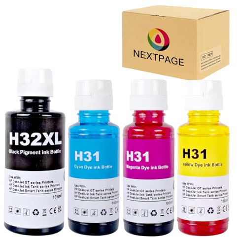 NEXTPAGE 31 32XL Ink Compatible with HP 31 165ml 32XL 100ml Ink Bottle for Smart Tank 7605 7005 5105 7305 455 570 555 655 559 315 319 519 7605 7306 7006 Printer Black Cyan Magenta Yellow (4 Pack)
