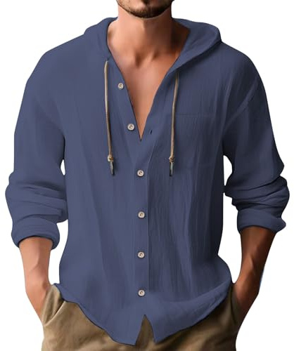 Generico Camicia in Lino Uomo Estiva Elegante Cotone E Lino Camicie con Cappuccio Leggera Comode Casual Shirts con Tasca Coreana Maglietta Maniche Lunghe con Bottoni Traspirante T-Shirt da Uomo