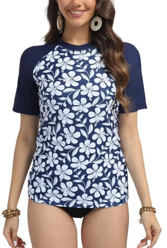 SURFEASY Women's UV Rash Vest UPF 50+ Rash Guard Quick Dry Beach Swim Shirt Swimming Wetsuits Tops Swimsuits Short Sleeve(Flowers/Navy,M)