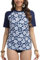 SURFEASY Women's UV Rash Vest UPF 50+ Rash Guard Quick Dry Beach Swim Shirt Swimming Wetsuits Tops Swimsuits Short Sleeve(Flowers/Navy,M)