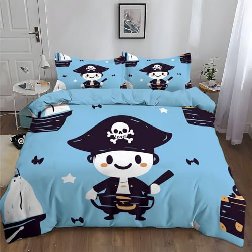 Quixora Bettwäsche-Set für Kinder 135 x 200 cm bettbezug mit Reißverschluss, 2 Kissenbezug 80x80 cm, dekoratives Cartoon-Piraten Muster für Mädchen und Jungen Schlafzimmer, weich und bügelfrei, Blau