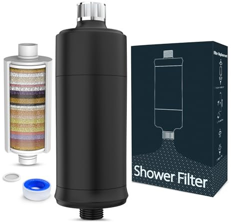 MEKO 32-Stufen Duschfilter, Ersetzbare Shower Filter Duschwasserfilter für hartes Wasser, Reduziert Chlor, Verunreinigungen, Schwermetalle, Filterkapazität 20,000 L, 1 Ersatz-Filterpatrone - Schwarz