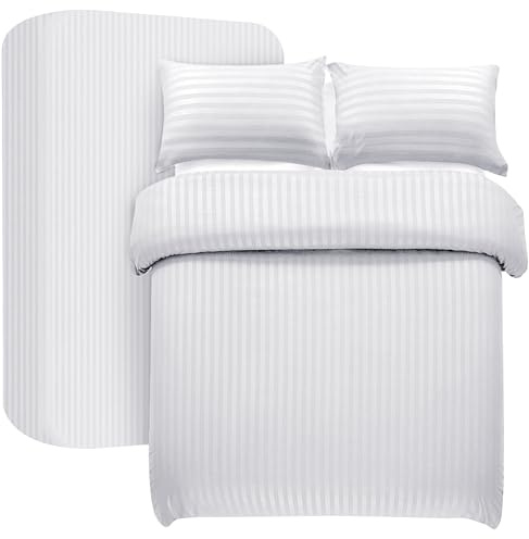 My home store Ensemble de housse de couette blanche king size 4 pièces en satin à rayures, ensemble de literie en microfibre brossée douce avec drap-housse de 75 CM de profondeur et 2 taies d'oreiller