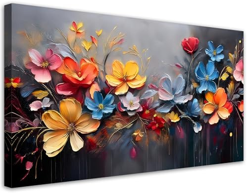 Feeby Wandbilder - Bilder Schlafzimmer - Gemalte Komposition aus Blumen - 100x50 1tlg - Wohnzimmer Bild Groß - Wohnungs - Foto Geschenk - Leinwand Wall Art - Wand Deko
