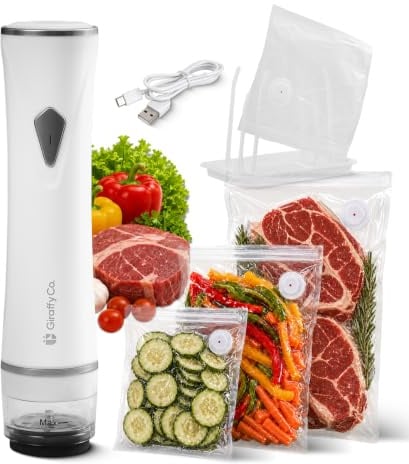 GIRAFFYCO Compact Handheld Vacuum Sealer Set with 30 Reusable Bags | 30 S/M/L Reusable Bags, 10 pc Each Size, Foldable Drying Rack, Gift Set for Meal Prep, Freezer Organisation & Sous Vide