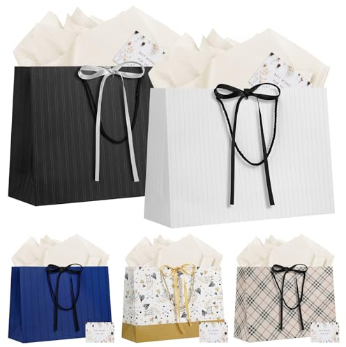 LVNRIDS 5 Stück Geschenktüte Groß mit Henkel, 32x11x25cm Geschenktüten mit 5 Grußkarten 5 Seidenpapier, Geschenktasche für Hochzeit Geburtstag Geschenk Party Weihnachten Thanksgiving Mix