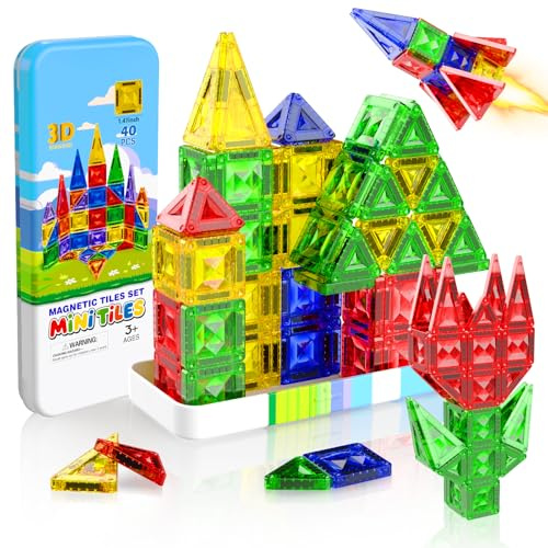 Mini Magnetic Tiles, 40 PCS Travel Magnetic Tiles with Storage Box, Mini Magnet Toy Travel Toy for Kids Ages 3 4-8, STEM Educational Building Set Construction Toys, Boys Girls Toddlers Birthdays Gifts