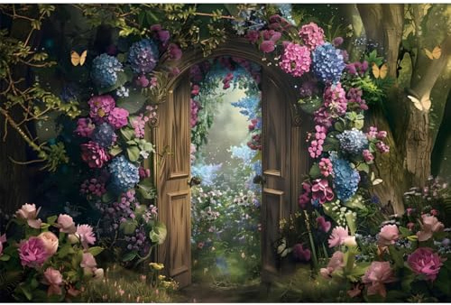 YongFoto Verzauberter Wald-Hintergrund, 3 x 2,4 m, Märchenwunderland, Holztür, Gartenweg, Blumen, Schmetterling, Fotografie, Hintergrund, Party-Banner, Dekoration, Portraits, Fotoshooting, Tapete
