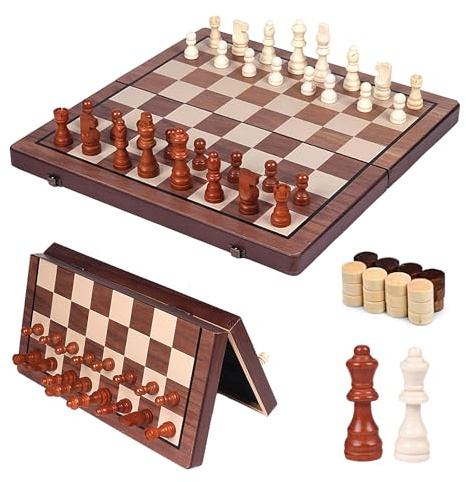 Houkary 2 In1 Magnetisches Schachspiel, 39x39cm Klappbares Schachspiel Holz | Schachbrett Holz, Schachspiel, Schach und Damespiel, mit 32 Schachfiguren & 2 Zusätzliche Damen
