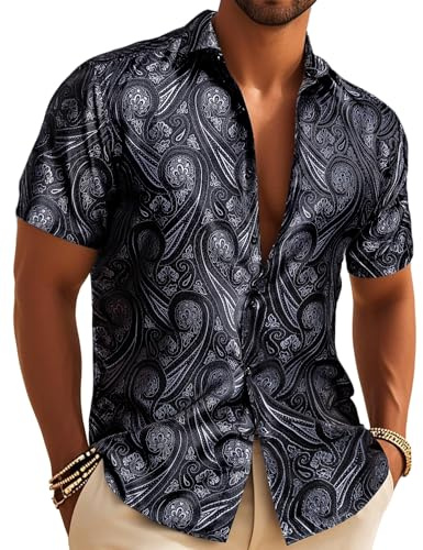 Barry.Wang Men's Silk Paisley Short Sleeve Button Down Shirts Disco Mexico | Designer Vintage Floral Jacquard,Luxury Classic 70s,Casual,Business,Button Up Fancy Dress,Lightweight,Untucked,Wedding,Party