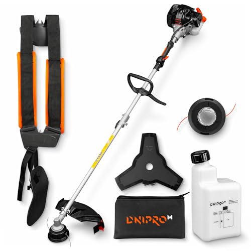 DNIPRO-M Benzin-Motorsense 33M, 32.6cc, Leistung 1 kW, Ultraleichtes Design 7.1 kg, 7900 RPM, Wender Freischneider für den Garten, Kantenschneider mit Stahlmesser und Faden - 33M | Bis zu 7900 U/min am Schneidkopf, gepolsterter Rucksackgurt, Gewicht 7,1 kg, Easy-Start-System mit Starter