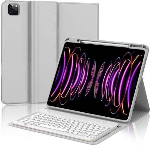 Hülle mit Tastatur für iPad Pro 12,9 Zoll 6./5./4./3. Generation, Gray | Magnetisch abnehmbar Tastatur für iPad Pro 12.9 (2018-2022), Soft TPU Hülle, Deutsches QWERTZ Layout