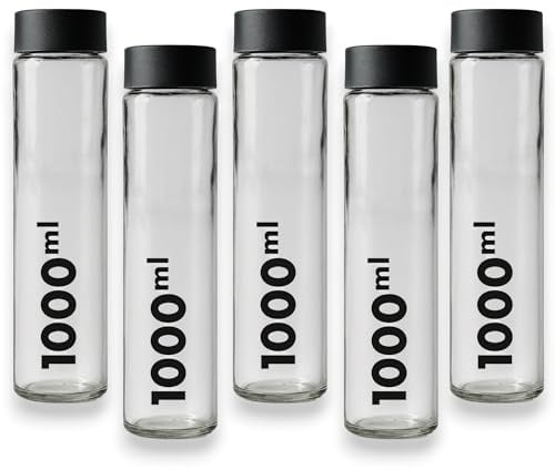 KORAT - Set 5 Bottiglie in Vetro 1 Litro con Tappo Ermetico – Bottiglie Acqua Riutilizzabili 1000 ml – Borracce in Vetro per Frigo, Succhi, Bevande Detox e Tè Freddo – 7x7 cm Altezza 29 cm