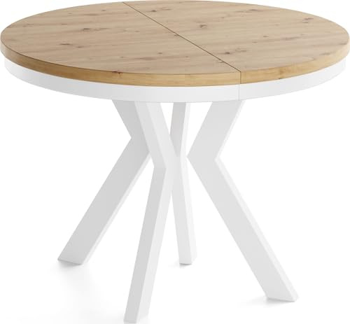 Runder Esstisch Ausziehbar 100-300 cm XXL Groß – Verlängerbar, für 5-14 Personen mit Weißen Holzbeinen & Metallring – Tisch für Wohnzimmer & Esszimmer in Eiche Artisan Hellbraun