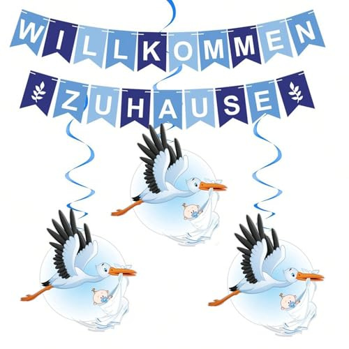 Mavouri Willkommen Zuhause Girlande mit 6 Stück Storch Geburt Hängende Deko Girlanden, Herzlich Willkommen Baby Girlande, Welcome Home Baby Hängende Deko Banner, Welcome Home Banner für Babyzimmer