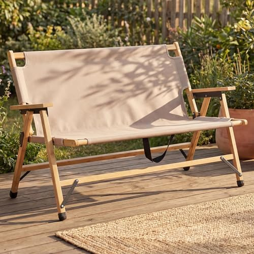 Mendler Bambus Campingbank HWC-Q40 117cm Stoff/Textil - Creme | Outdoorbank, Picknickbank, Gartenbank, klappbar, Tragegriff