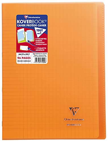 Clairefontaine 971409C Un Cahier Agrafé Koverbook Orange - A4 21x29,7 cm - 96 Pages Grands Carreaux - Papier Blanc 90 g - Couverture Polypro