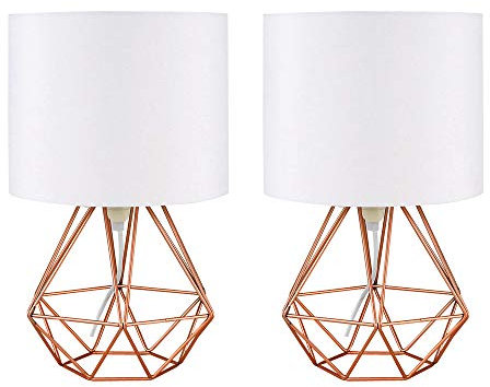 MiniSun | Modern Copper Basket Table Lamps with White Fabric Shades | Table Lamps, Home Décor & Improvement Essential | Set of 2