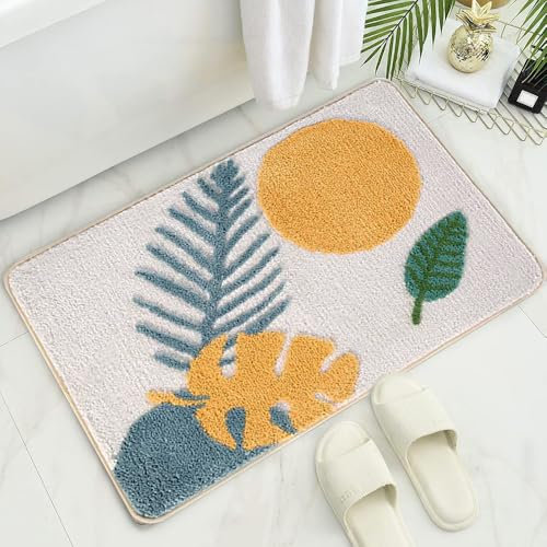 Morbuyshop Hochflor Shaggy Schmutzfangmatte Anti-Rutsch Teppich Bequeme Badematte Badezimmer-Teppich Super saugfähiger weicher Duschteppich (50 * 80cm, Grünes Blatt 2)