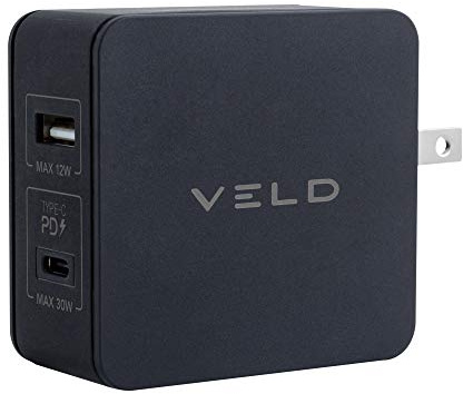 Veld 42W PD Super-Fast 2 Port Travel Charger - inc UK/USA/EU & AUS plugs 1 type C 30w 1 USB A 12w inc protective case ideal for smart phones/tablets