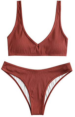 ZAFUL Damen Bikini Set Push up Gepolsterte Gerippt Textured V-Ausschnitt High Cut Zweiteiler Badeanzug Bademode (Ziegelrot,M)