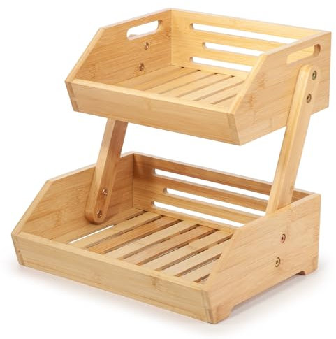 woodluv Storage Basket 2 Tier, Fruit Vegetable Rack, Display Rack, Organiser for Home, Kitchen or Office, Spice Jar Holder, Storage Rack, Fruit Stand for Kitchen, Bathroom Storage, Natural