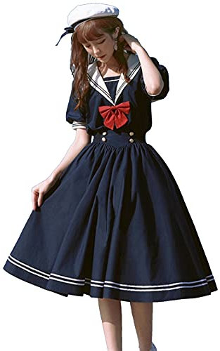 Mfacl Niedliche Lolita Kleid Rock Sommerkleider Lolita Süßes Kleid Harajuku Sailor Kragen Navy Kleider Vintage Bogen Kawaii Mädchen Preppy Style Langarm Kleid (Color : Navy Blue, Size : M)