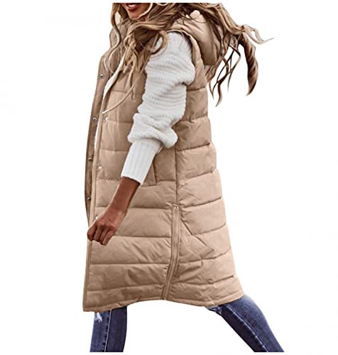 Cocila Women's Plus Size Long Warm Coats with Hood Ladies Body Warmer Zip Up Sleeveless Winter Thicken Hooded Down Jacket Quilted Gilet Vest Waistcoat S-5XL Khaki