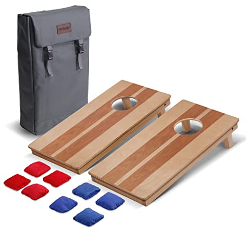 GoSports 2 x 0,3 m Rucksack Cornhole Game Set, enthält 2 Premium-Holz-Reisegrößenbretter und 8 Mini-Stick- und Slide-Sitzsäcke