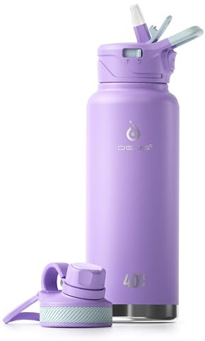 IDEUS Insulated Stainless Steel Water Bottle with 2 Leak-Proof Lids, Thermal Water Flask for Hiking Biking, 40oz, Violet