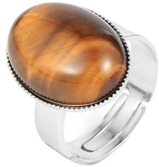 WLLDDDIU Natürlicher Brauner Tigerauge-Steinring Ovaler Kristallring Verstellbarer Damen-Ring Mit Offenem Stein Reiki-Balance Knöchel-Finger-Ringe Ewigkeitsring Für Frauen, Mädchen, Männer