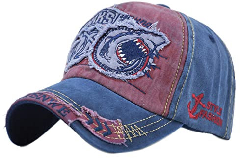 YULOONG Vintage Baseball Cap Denim Bestickter Haifisch Trucker Hut Retro Sonnenhut mit ausgefransten Kanten 100% Baumwolle Outdoor Cap Unisex E
