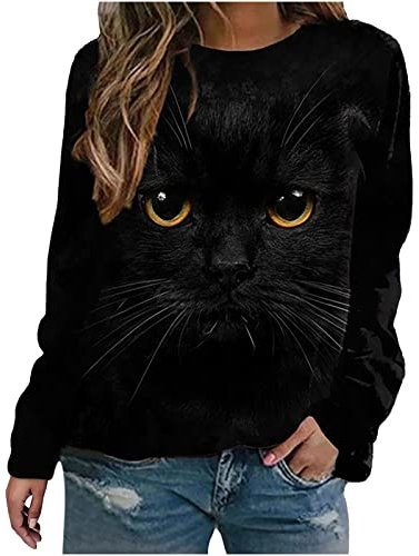 AMhomely Women Tops and Blouse Sale,Ladies Vintage Casual Round Neck Cat Print Long Sleeve T-Shirt Oversized Loose Sweatshirts UK Size for Christmas Jumper Thanksgiving Valentine's Day, Black 2, L
