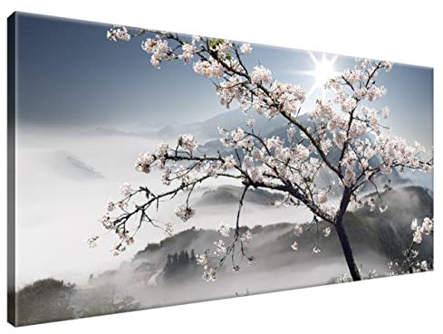 Estika Leinwand bilder - Japan, Kirschblüte, Berge - 115x55 cm, 1 teilige kunstdruck - Wandbilder wohnzimmer, schlafzimmer, Moderne wanddeko, Bild auf leinwand - Natur bilder - 1207A_1AE