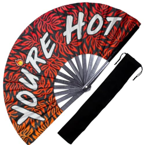 Decorative Rave Hand Fan – Large Folding Fans for Festivals, Drag Queen & Burlesque – Cute Holographic Rave Accessories for Women and Men (You're Hot)