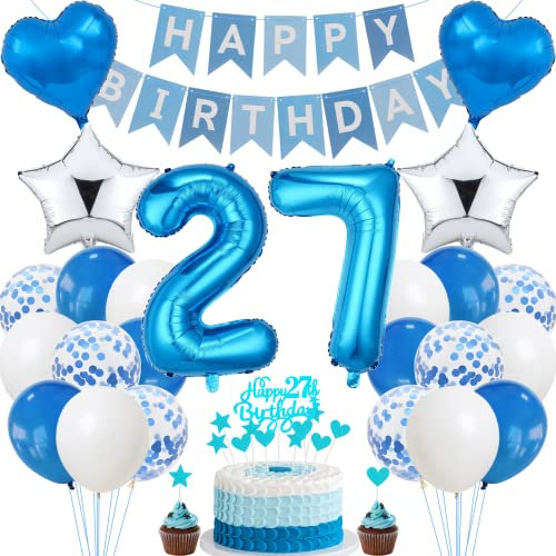 Jrzyhi 27. Geburtstag Dekoration,Blau Tortendeko Geburtstag 27 Jahre Männer,Party Deko Silber,27 Geburtstag Frauen Männer,Tortendeko 27. Geburtstag Mann Frauen,Geburtstagsdeko 27 Jahre Mann Frauen