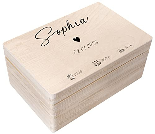 Creative Deco Erinnerungsbox Baby Personalisiert Herz mit Namen 30x20x14 cm | Individuelle Erinnerungskiste Geschenk zur Geburt für Mädchen und Jungen | Holzkiste mit Deckel | Farbdruck