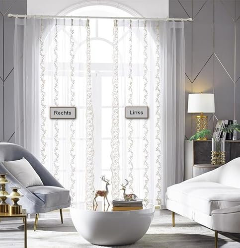Lactraum Gardine Wohnzimmer Bestickt Luxus Vintage perlen (H140 x B260 cm mit Kräuselband) Links
