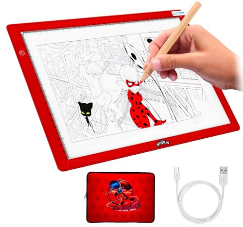 Miraculous Ladybug - A4 Leuchttisch, Neoprenhülle, Zeichenset mit USB-Ladegerät und Malvorlagen, Kunstbedarf für Kinder (Wyncor) (Rot - Ladybug)