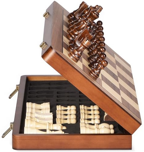 ELONGDI 15 Wooden Chess Set with Magnetic Pieces - Extra Queens - Folding Chessboard Portable Travel Tournament Chess Board Games for Adults Kids