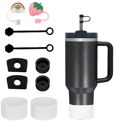 CONQUERALL Juego de protección de tapones negros 4 tapones de pajita 2 tapones antiderrame 2 tapones antiderrame 2 fundas de silicona para Taza Stanley Universal