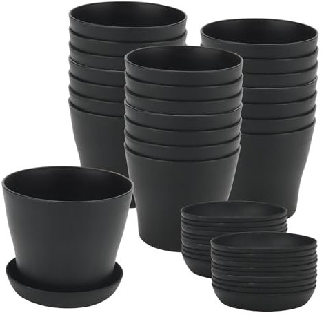 ZEONHAK 24 Pack 10cm Black Round Small Plant Pot with Saucer, 4 Inch Mini Plastic Garden Flower Planter Pots for Plants, Succulents, Seed Nursery