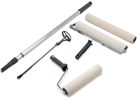 Bodenbeschichtung Werkzeug Set 5tlg, Bodenfarbe Verarbeitungswerkzeug Kit | 40cm und 25cm Bodenbeschichtungswalze | 40cm Ersatzrolle | Teleskopstiel | Rührquirl