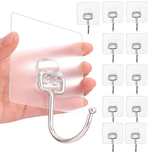 Aurldpio Large Adhesive Hooks for Hanging Heavy Duty - 22lb/10kg Self Adhesive Towel Hook, Waterproof Transparent for Bags, Bathroom Shower, Outdoor Kitchen, Door, Coat - 12 Pack