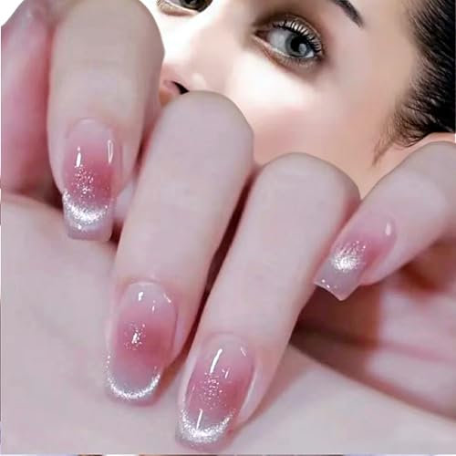 Pure Handmade Nails Press on Nail Reusable Fake Nails Short Red Cat Eye Medium Stick on Nails French Tip False Nails 10pcs (M, TB0049)