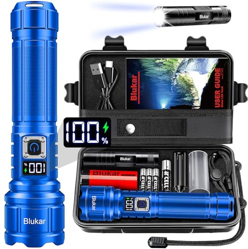 Blukar Torch Rechargeable, Torches LED Super Bright Flashlight, Adjustable Focus, 5 Modes, 5000 mAh Long Lasting, IP67 Waterproof, Smart Digital Display for Camping, Power Cuts, Emergency- Blue