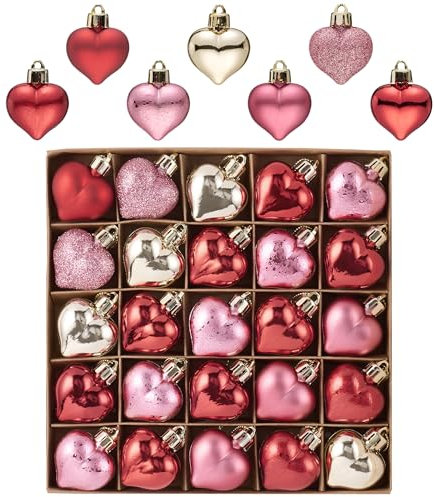 Valery Madelyn 25pcs Valentines Day Tree Decorations,Heart Bauble Ornament, Red Pink Gold Multi-finishes Shatterproof Heart Shape Baubles Hanging for Gift,Home Decor 4cm